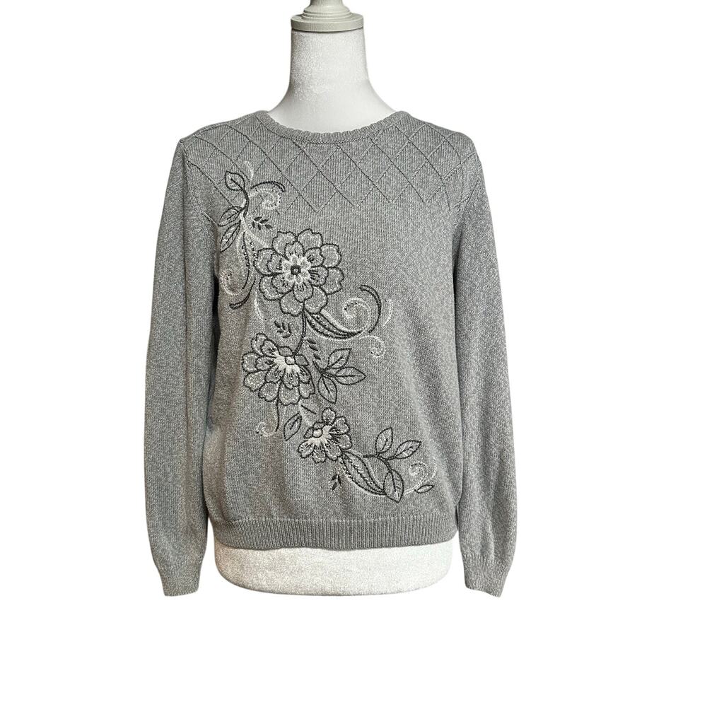 Alfred Dunner gray floral embroidered sweater